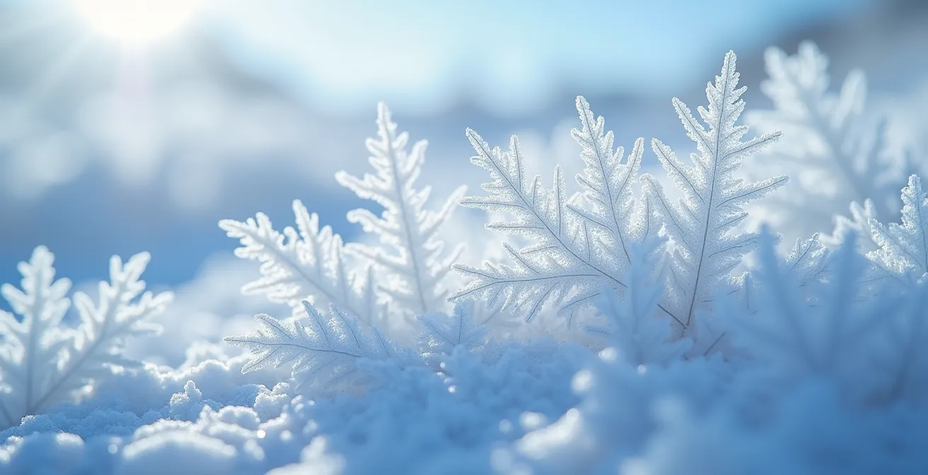 Makroaufnahme verschiedener Schneekristalle und Texturen