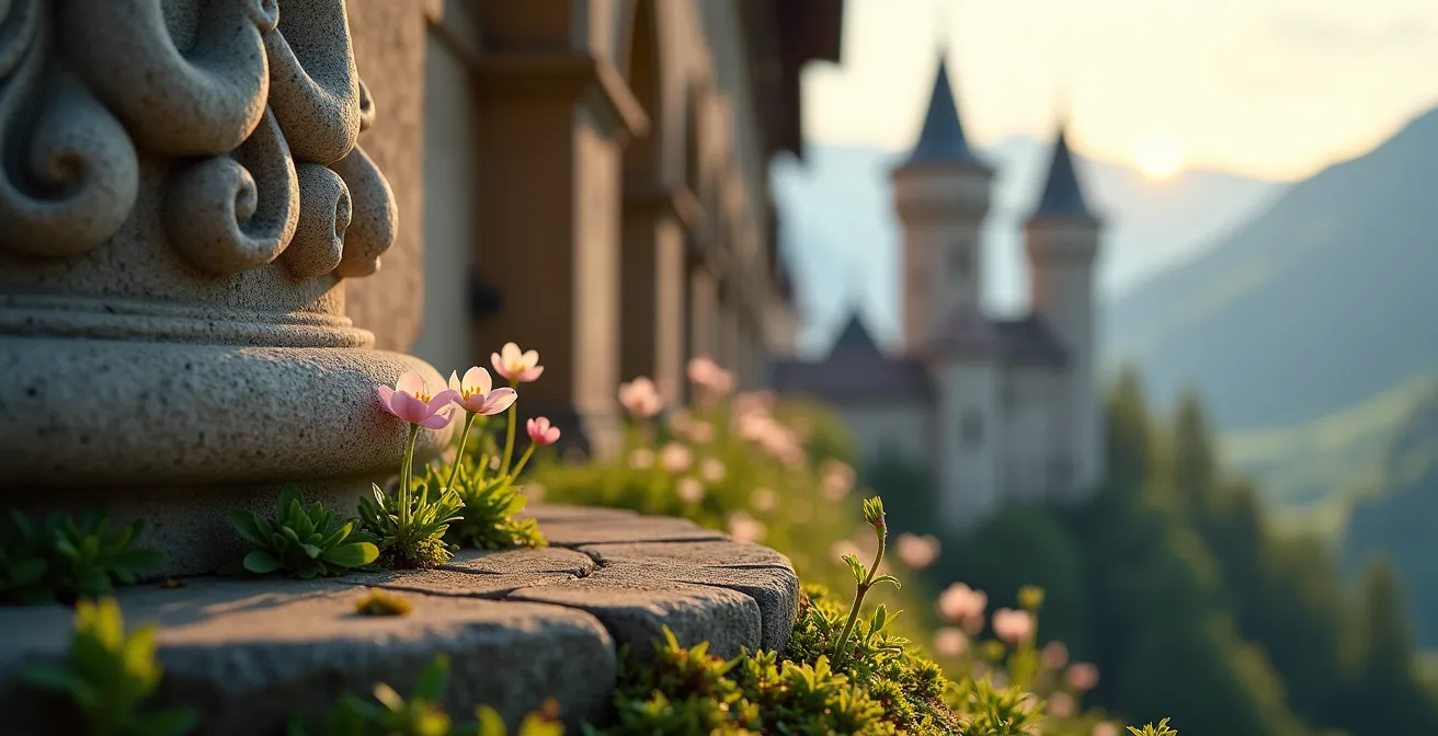 Bayerisches Schloss im Frühling mit blühenden Gärten und wenigen Besuchern