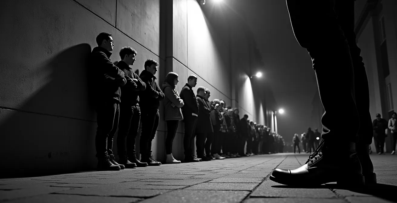 Wartende Menschen vor einem industriellen Clubgebäude bei Nacht, was die strenge Türpolitik Berliner Clubs symbolisiert.