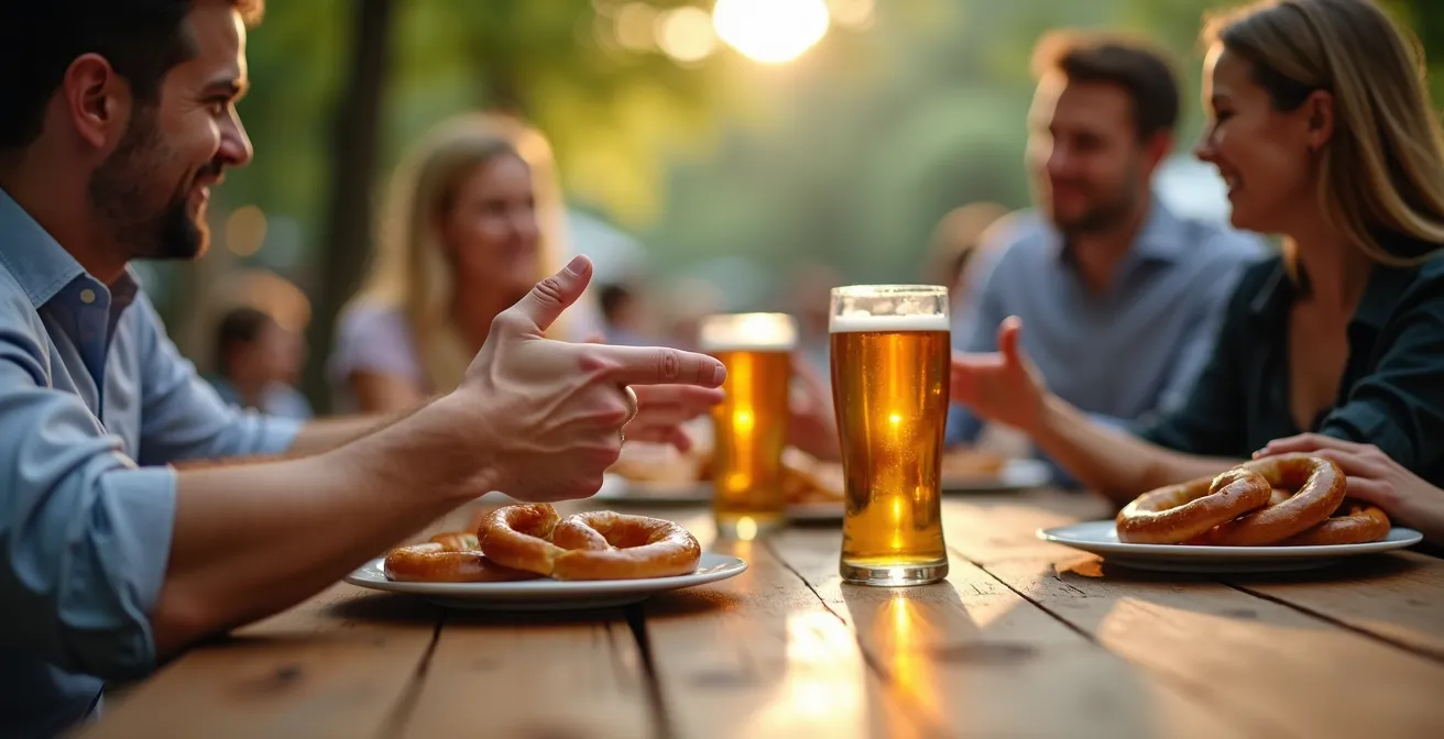 Menschen verschiedenen Alters an langer Biergartenbank in entspannter Unterhaltung