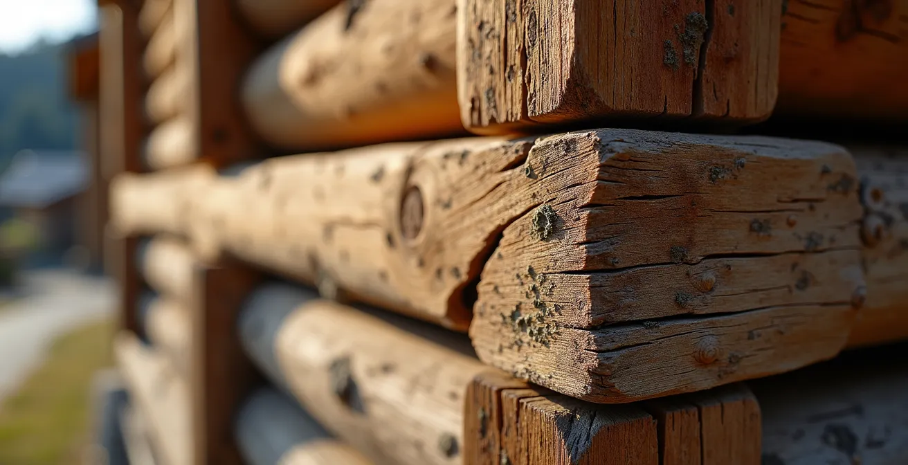 Detailaufnahme verzapfter Eckverbindungen an traditionellem Chalet