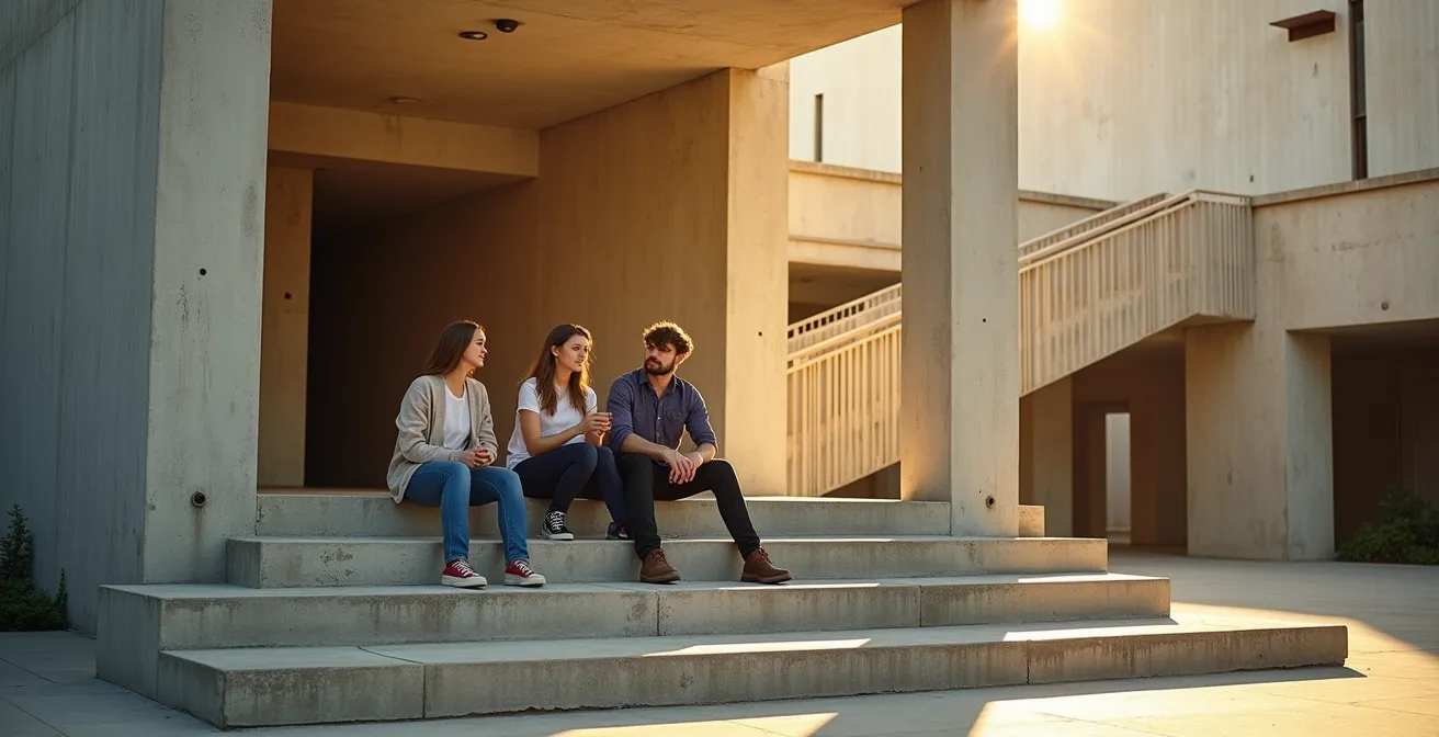 Brutalistisches Betongebäude im warmen Abendlicht mit Menschen davor