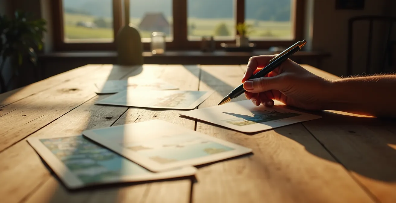 Hand schreibt eine Dankeskarte auf rustikalem Holztisch