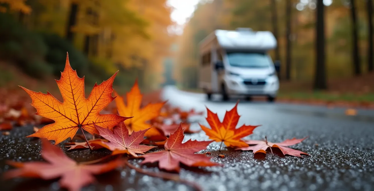 Schmale deutsche Landstraße im Herbst mit Wohnmobil