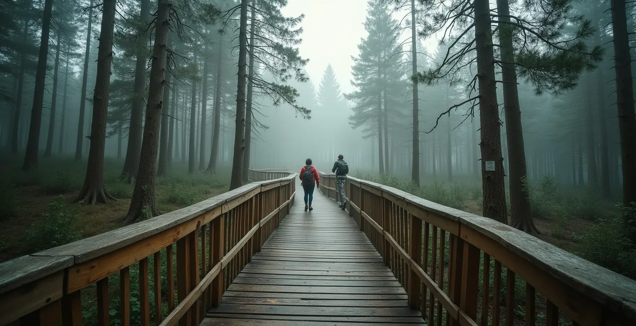 Weitwinkelaufnahme eines markierten Wanderwegs im Bayerischen Wald mit Holzgeländer