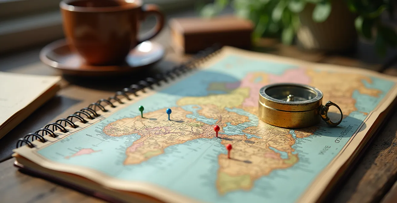 Reiseplanung mit Karte und markierten Routen auf einem Holztisch