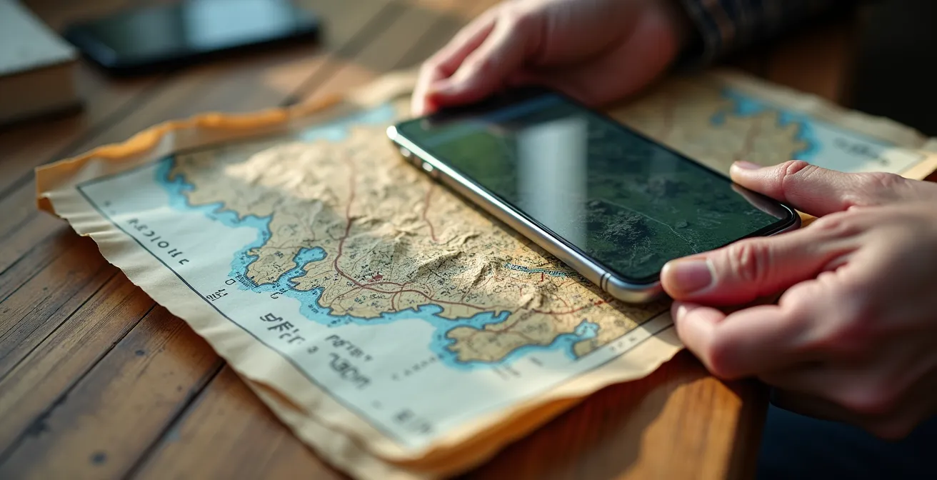 Nahaufnahme von Händen mit historischer Landkarte und Smartphone bei der Gasthofsuche