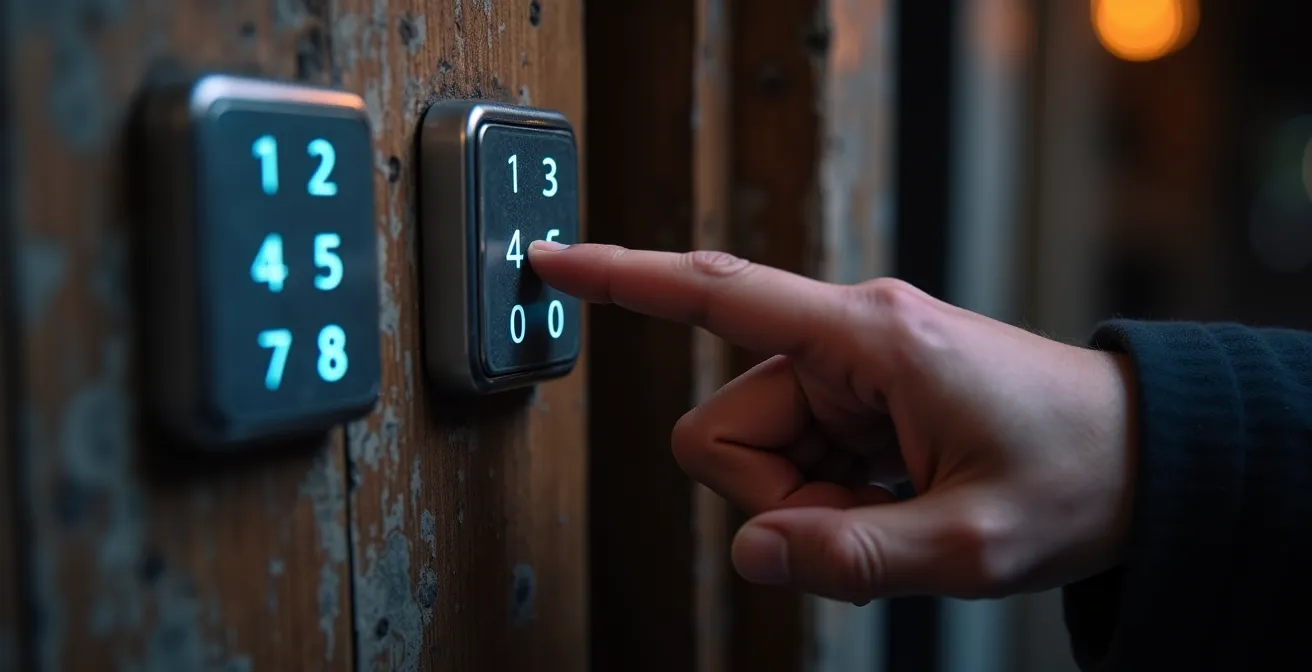 Nahaufnahme eines Smart-Lock-Systems an einer Wohnungstür bei Nacht