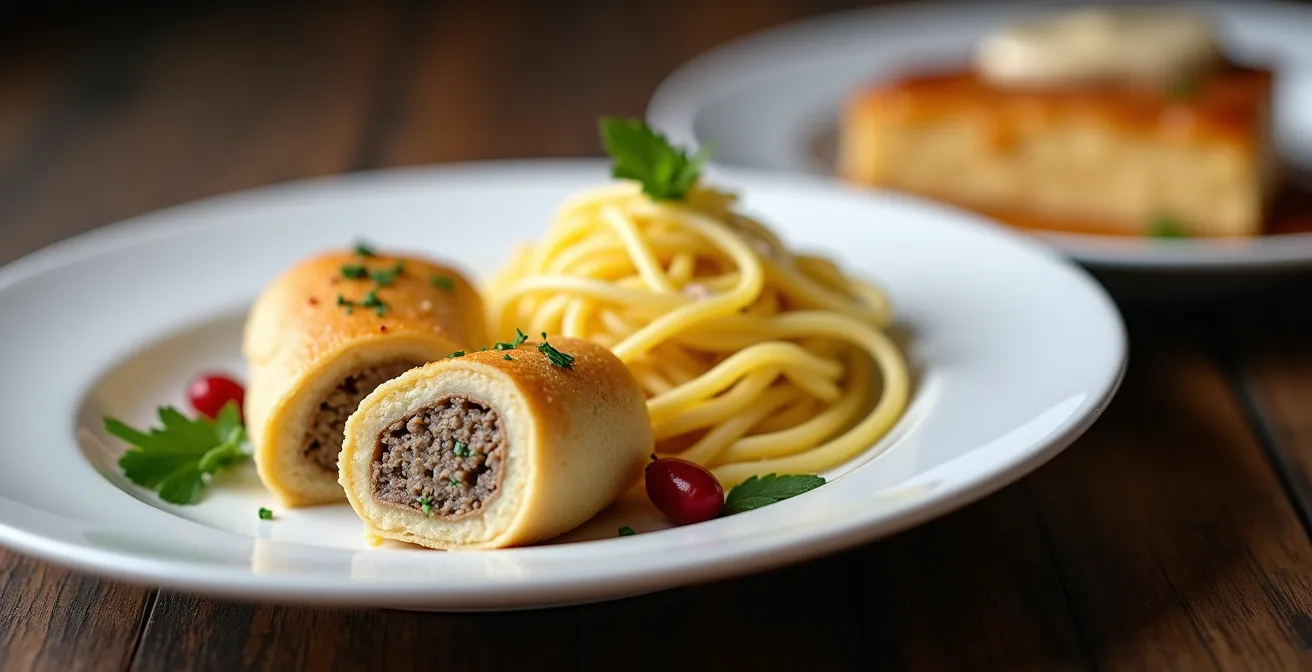 Drei elegant angerichtete Teller zeigen eine schwäbische Vorspeise, Hauptgang und Dessert in minimalistischer Präsentation