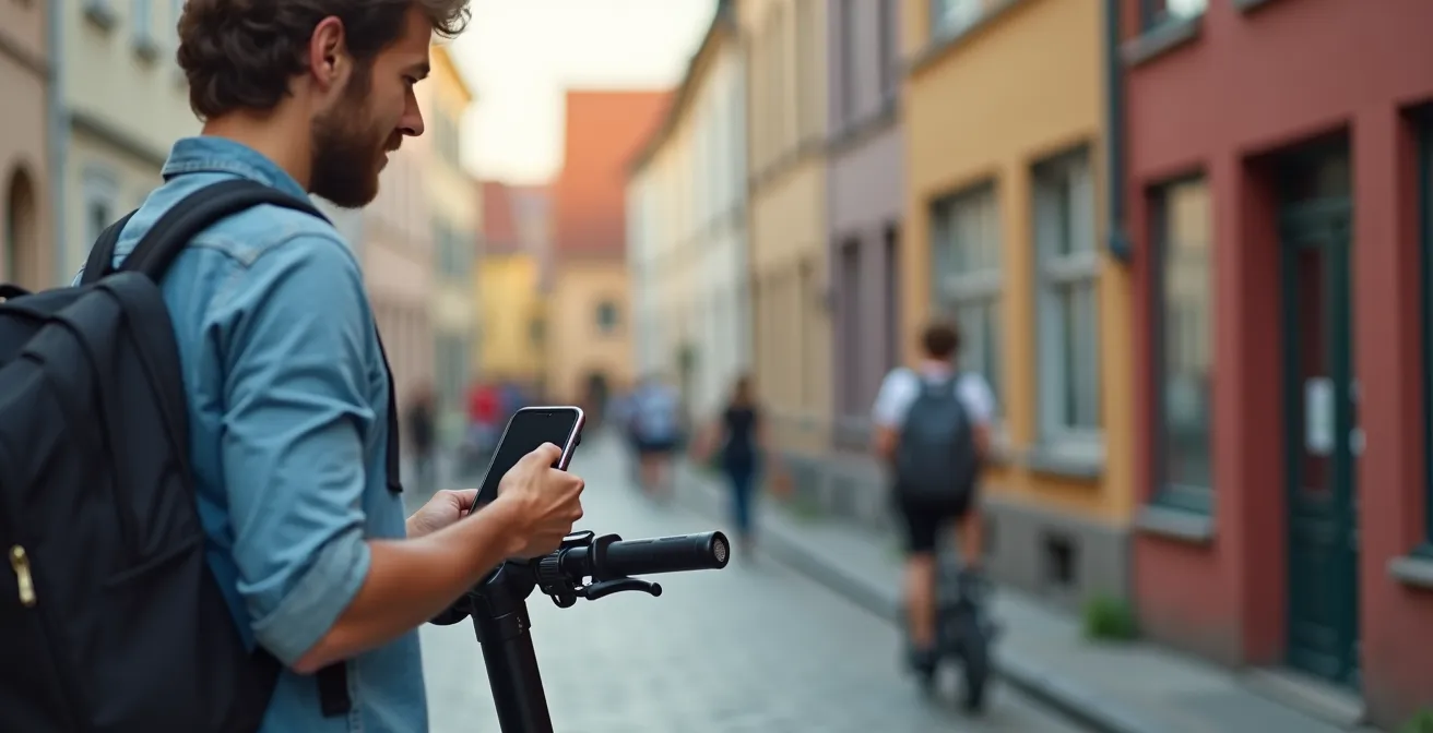 Touristin nutzt E-Scooter-App in deutscher Altstadt