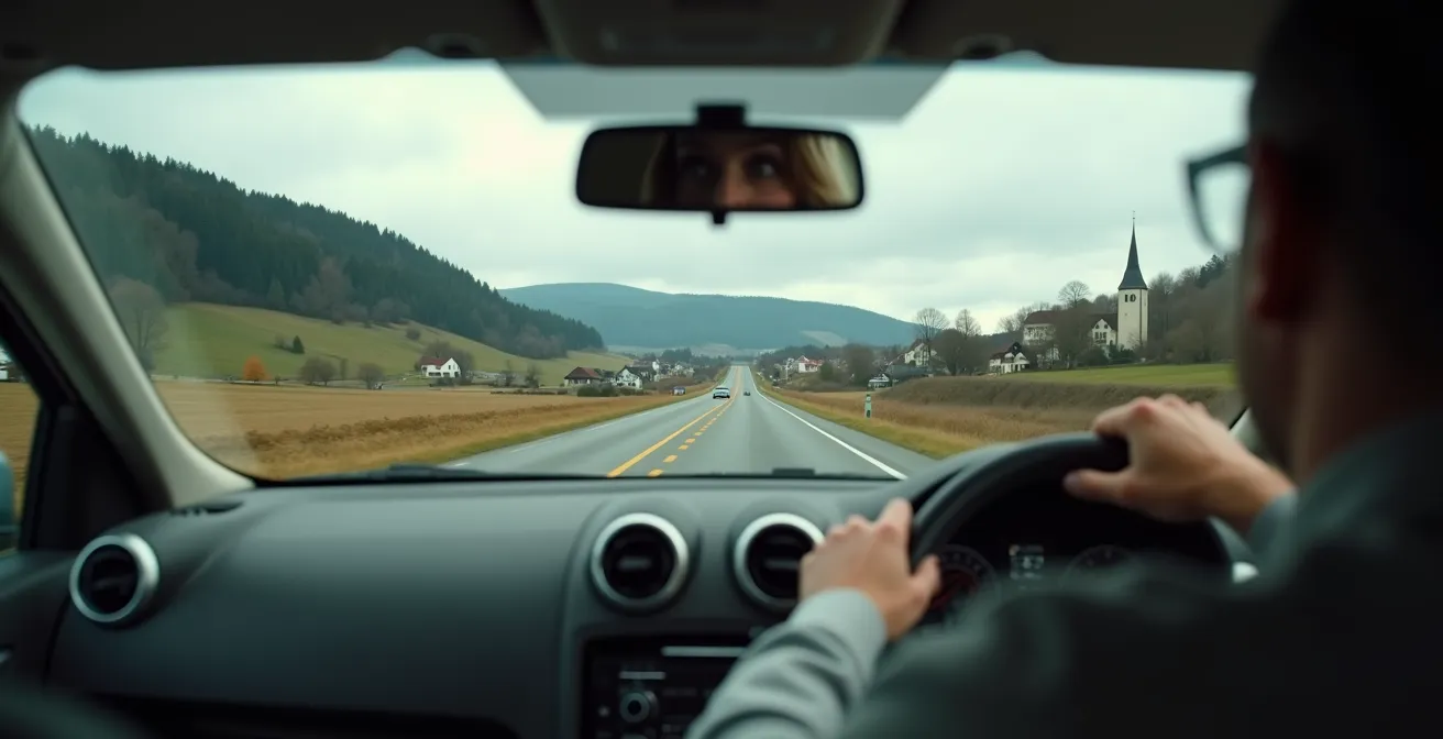 Weitwinkelaufnahme eines Fahrers der aus dem Seitenfenster auf die vorbeiziehende deutsche Landschaft deutet