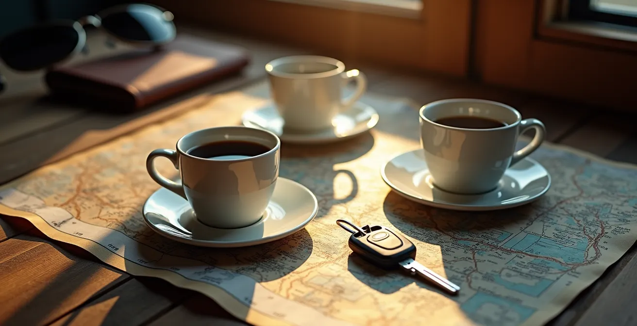 Autoschlüssel und zwei Kaffeetassen auf einer Deutschlandkarte symbolisieren eine Einwegmiete von einem Punkt zum anderen.