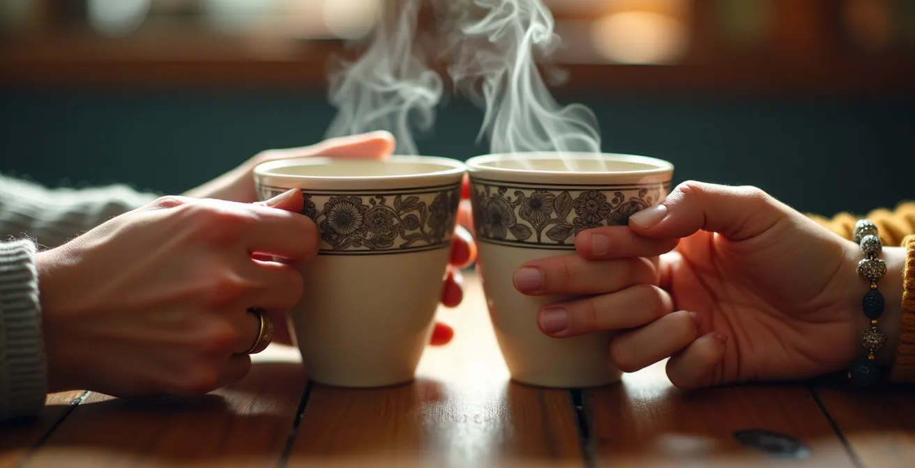 Emotionaler Moment zwischen Gastgeber und Reisenden beim gemeinsamen Kaffee
