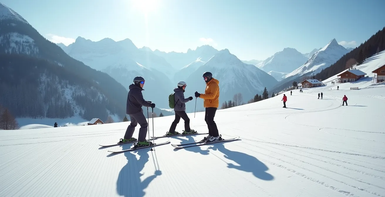 Weitwinkelaufnahme von erwachsenen Skianfängern mit einem Skilehrer auf einer ruhigen, sonnigen Piste im Allgäu