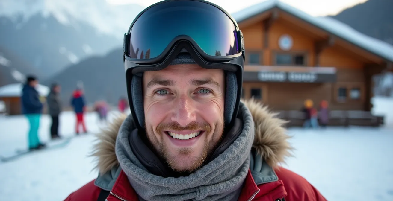 Erwachsene Skischüler in einem Gruppenkurs auf einer sanften Piste in den deutschen Alpen