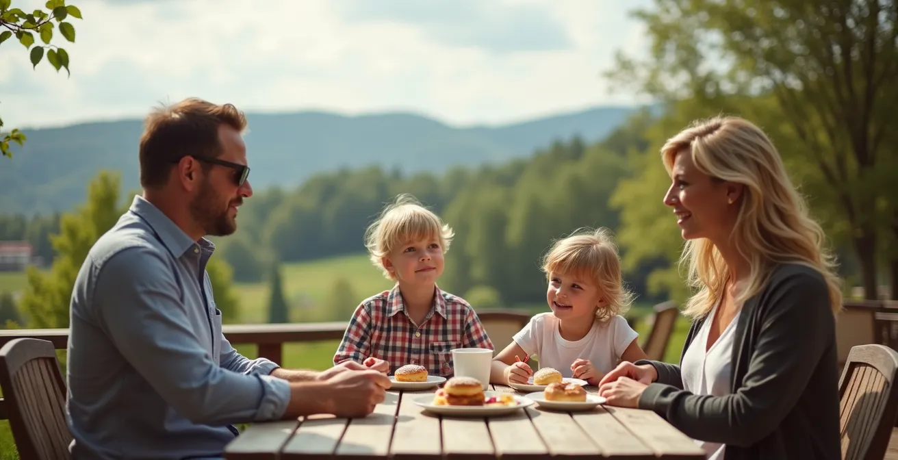 Eine deutsche Familie legt eine strategische Pause bei Kaffee und Kuchen auf der Terrasse eines Cafés ein, um das Energiebudget der Kinder zu schonen.