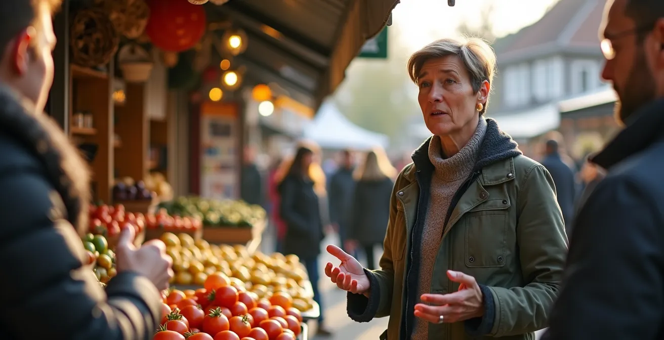 Food-Tour Guide erklärt Gruppe lokale Spezialitäten auf deutschem Wochenmarkt