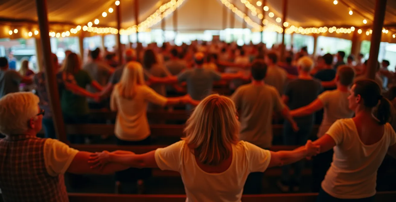 Menschen verschiedener Generationen schunkeln gemeinsam im Festzelt