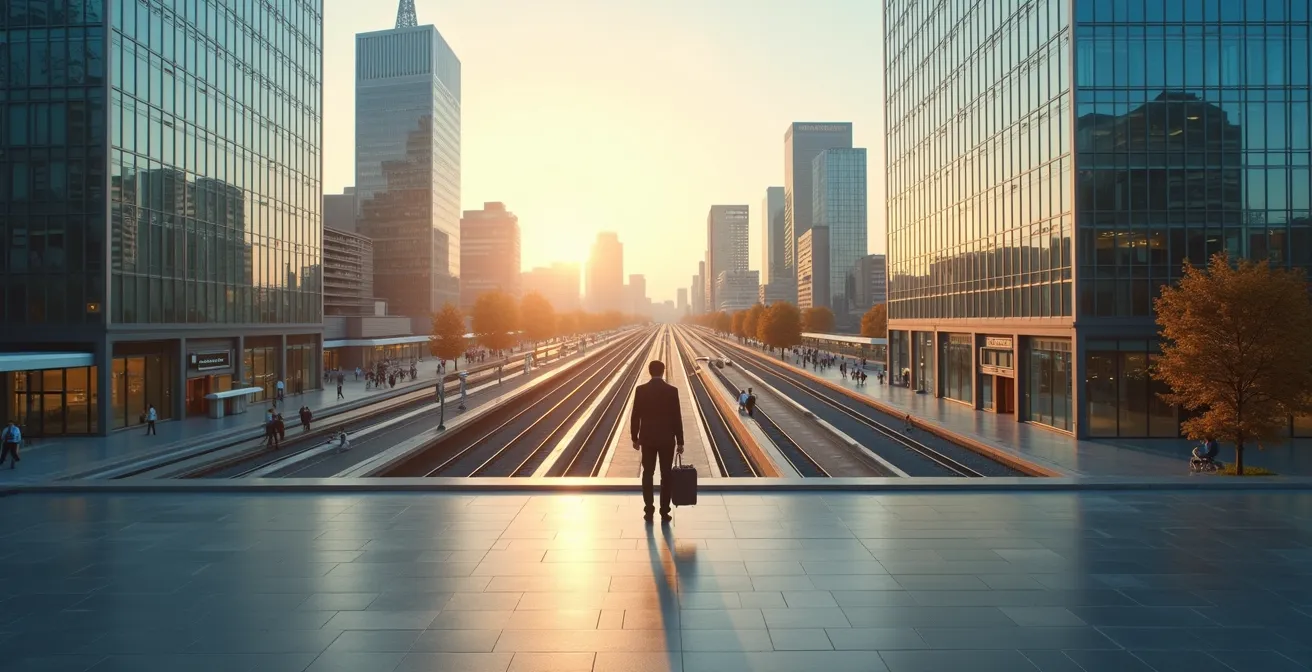 Geschäftsreisender analysiert Hotelstandort in Relation zu Messezentren