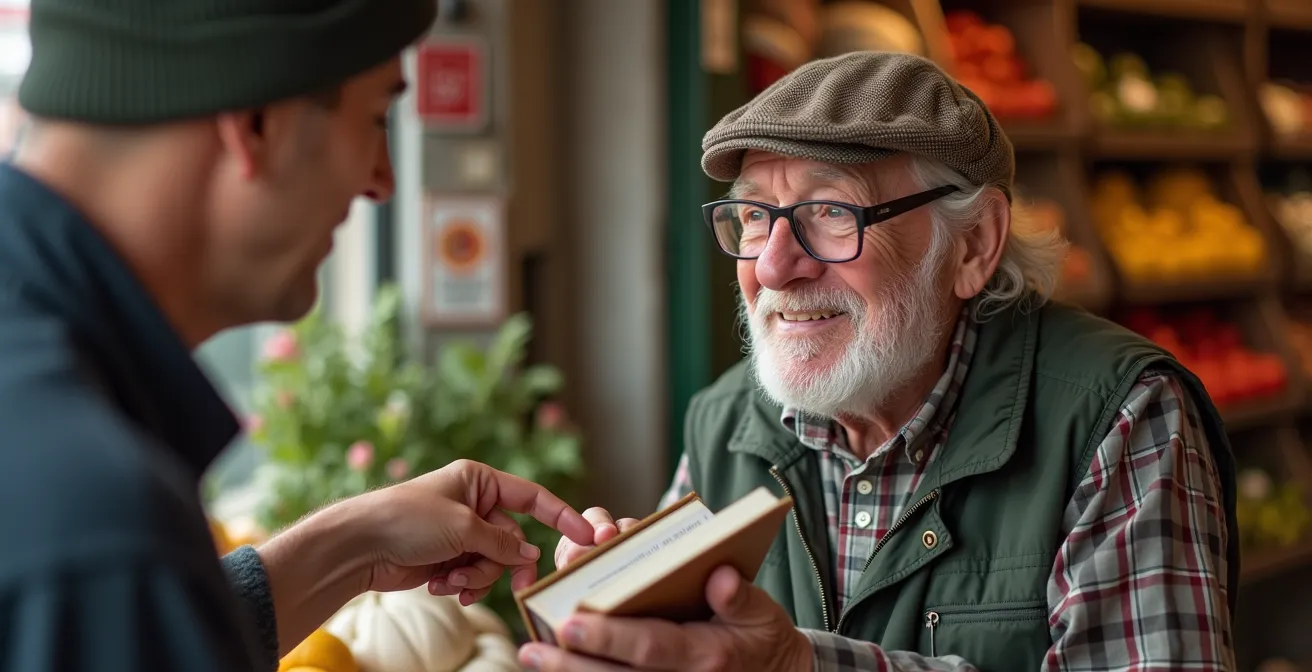 Herzliche Interaktion zwischen einem Touristen, der versucht Deutsch zu sprechen, und einem lokalen Händler.