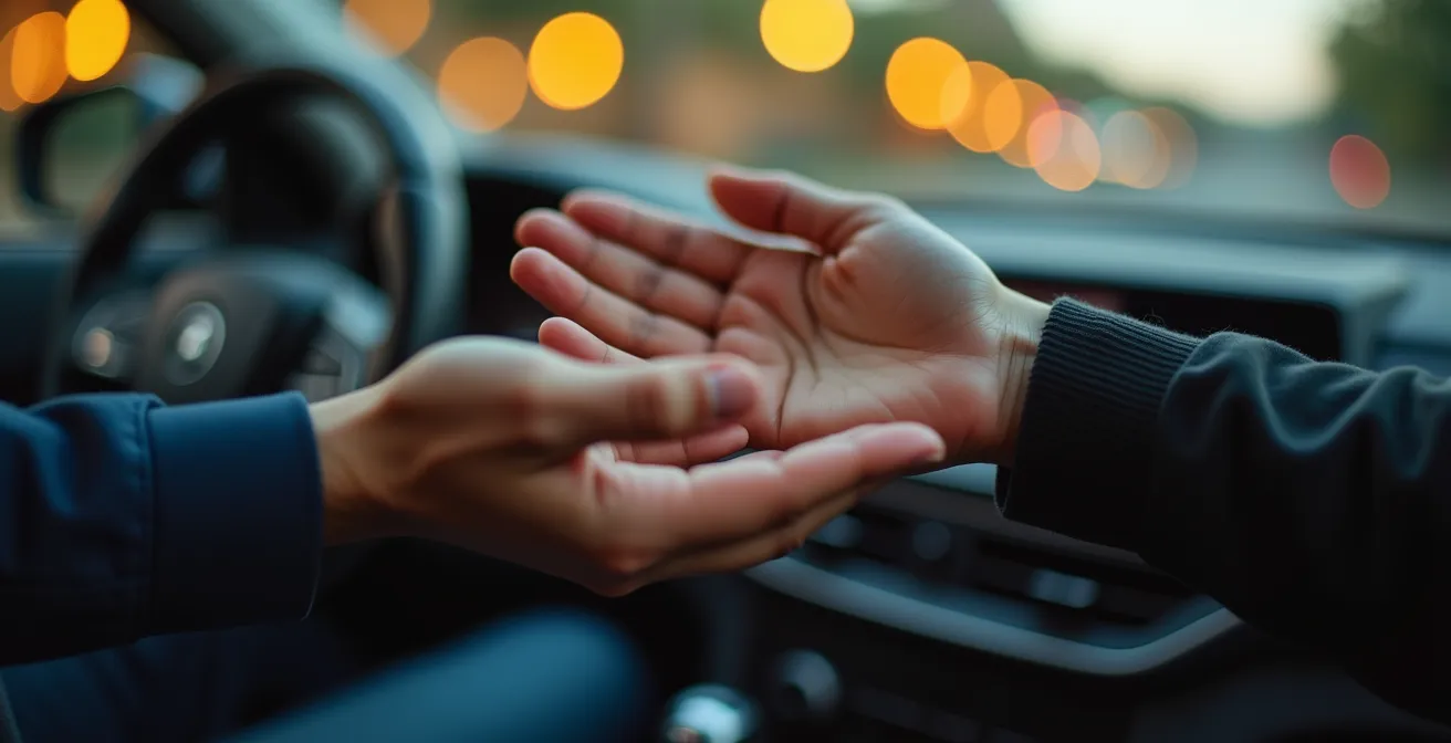 Nahaufnahme von Händen die eine höfliche Geste beim ersten Kontakt im Auto zeigen
