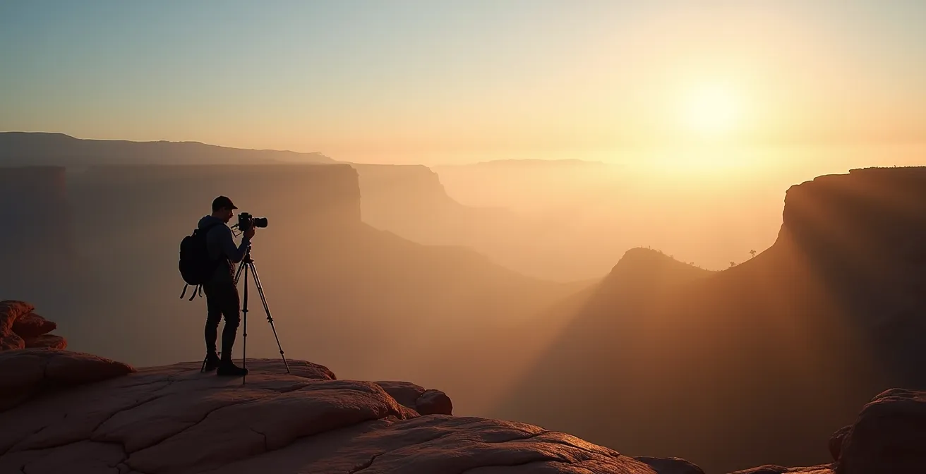 Fotograf bei Sonnenaufgang an der Basteibrücke in der Sächsischen Schweiz