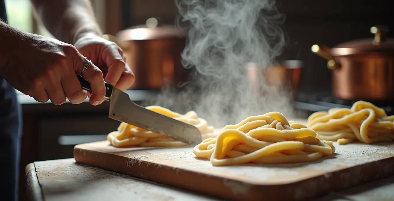 Nahaufnahme von Händen, die traditionell Spätzleteig vom Brett schaben