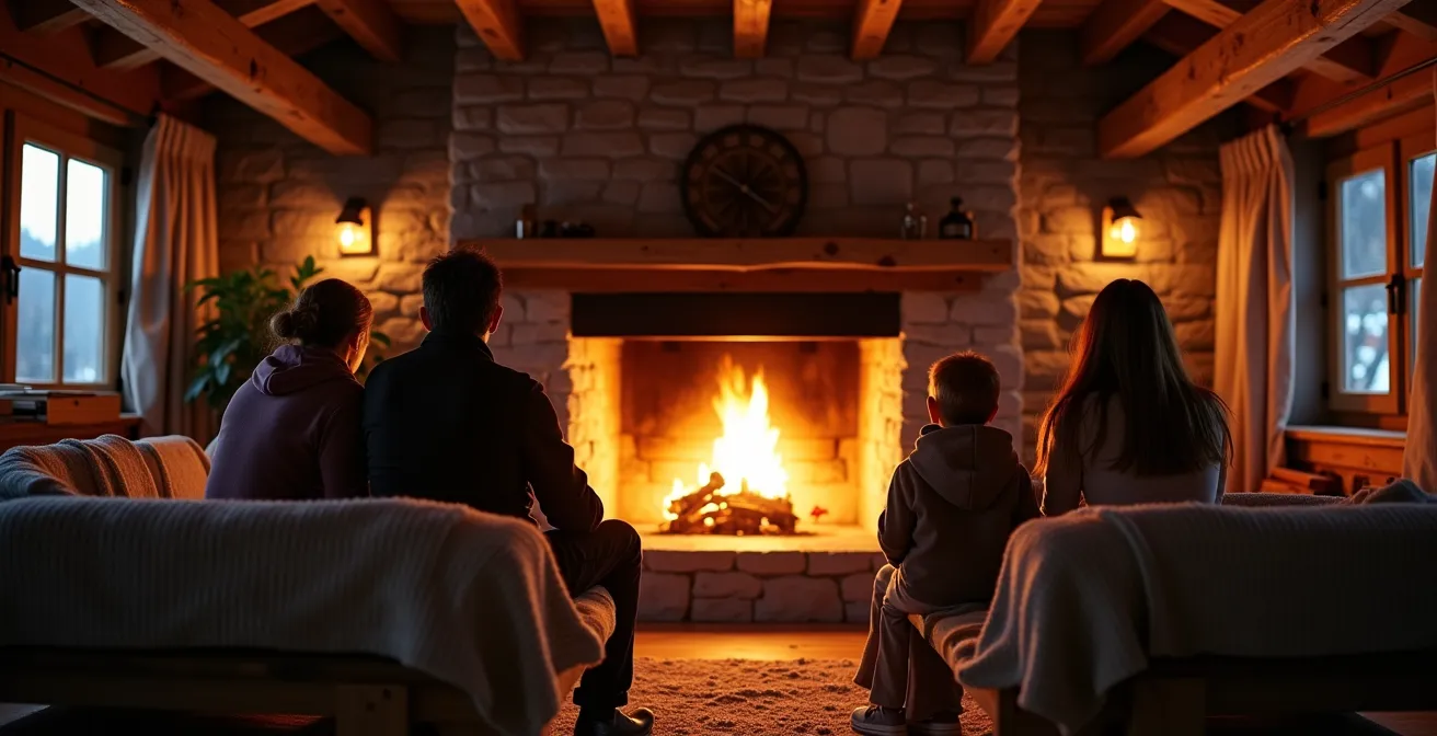 Gemütlicher Kaminbereich in traditionellem Holzchalet bei Abendstimmung