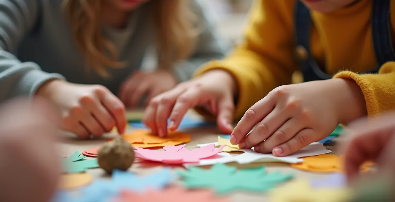 Detailaufnahme von Kinderhänden, die während eines Regentages konzentriert in einer Indoor-Kreativwerkstatt basteln.