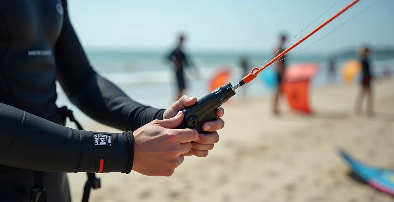 Professioneller Kitesurf-Instruktor demonstriert Sicherheitstechniken am Ostseestrand
