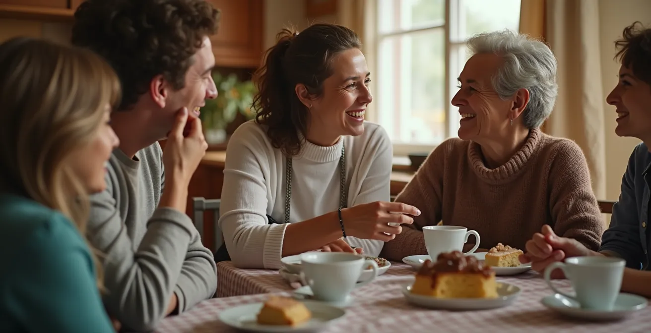 Deutsche und internationale Freunde teilen kulturelle Momente beim traditionellen Kaffee und Kuchen