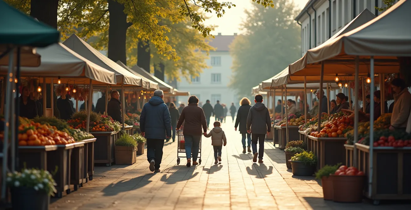Einheimische beim Einkauf auf einem deutschen Wochenmarkt, eine Szene authentischen Alltagslebens.