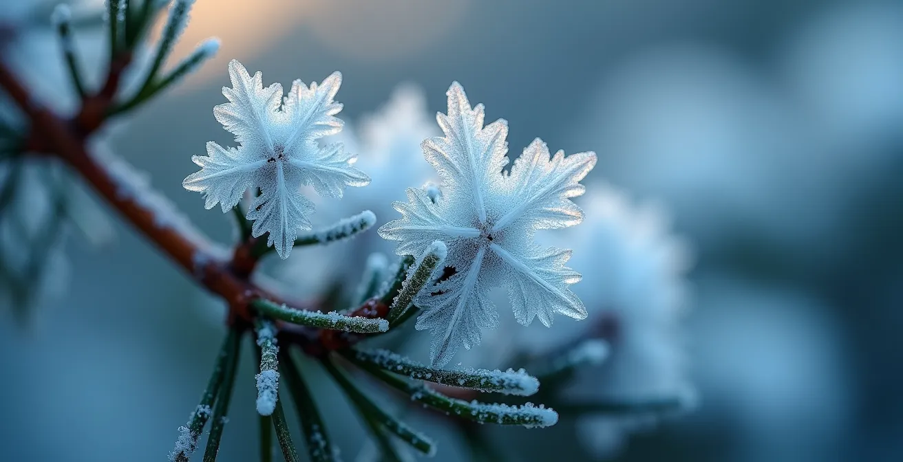 Extreme Nahaufnahme von Schneekristallen auf einem Tannenzweig, die die verborgene Schönheit des Winters zeigt.