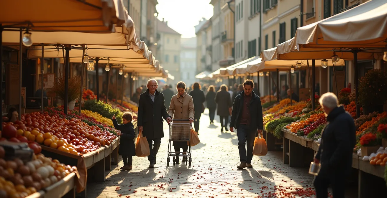 Weitwinkelaufnahme eines belebten Wochenmarkts mit Menschen die entspannt zwischen Ständen flanieren