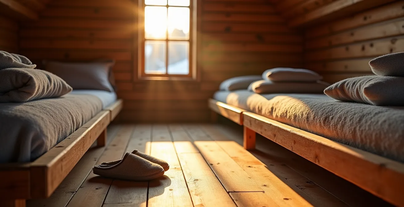 Gemütliches Matratzenlager einer Berghütte mit Holzbalken und warmer Beleuchtung