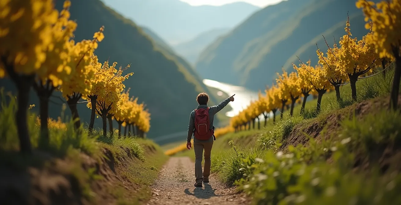 Steile Weinbergterrassen mit Wanderweg entlang der Mosel