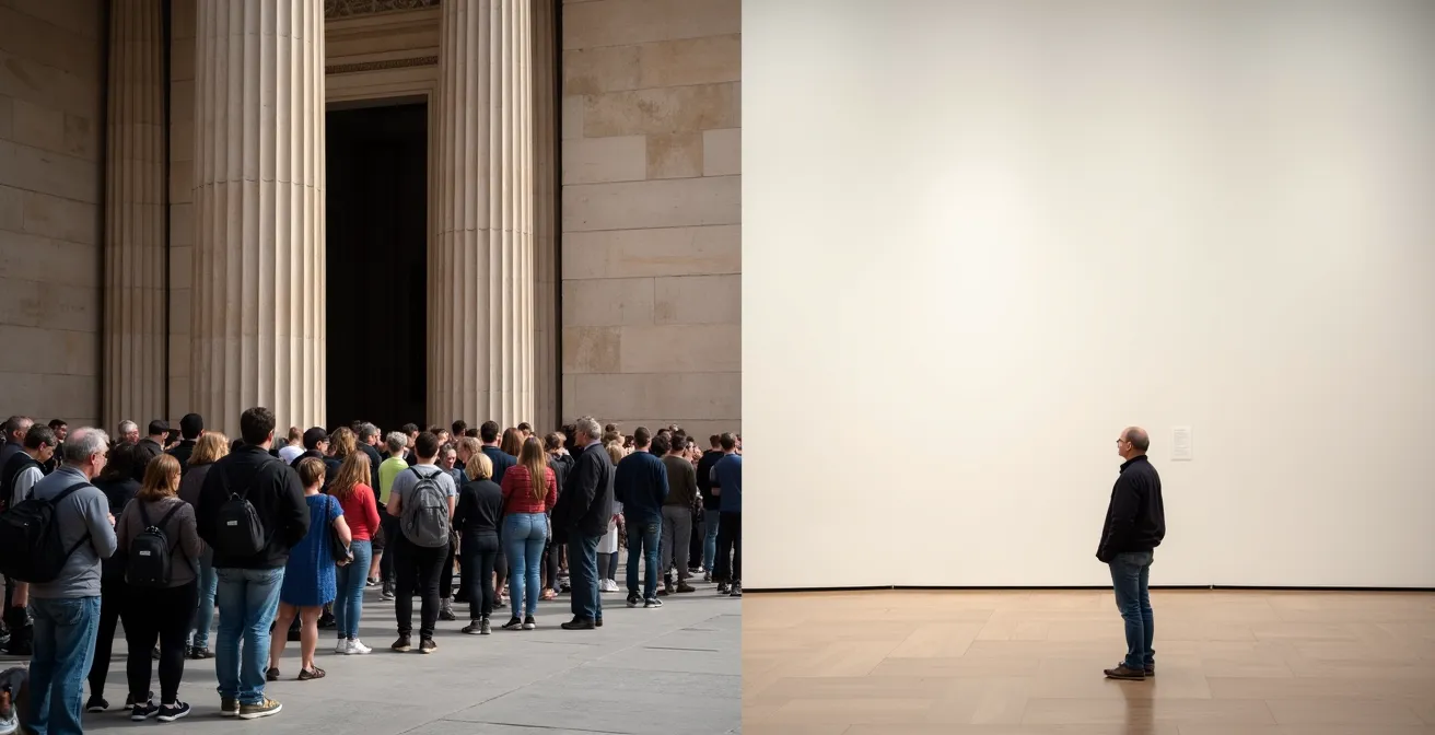 Menschenmenge vor Museum kontrastiert mit ruhigem Galerieraum im Inneren