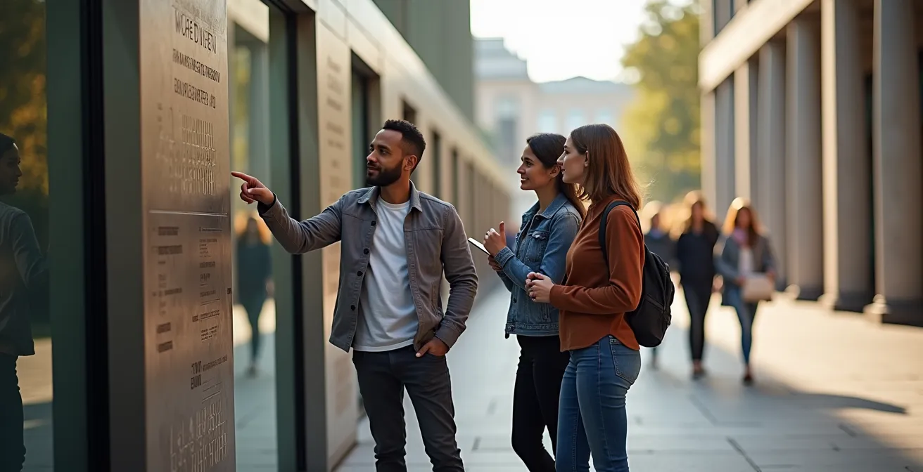 Besucher studieren interaktive Karte vor der James-Simon-Galerie auf der Museumsinsel