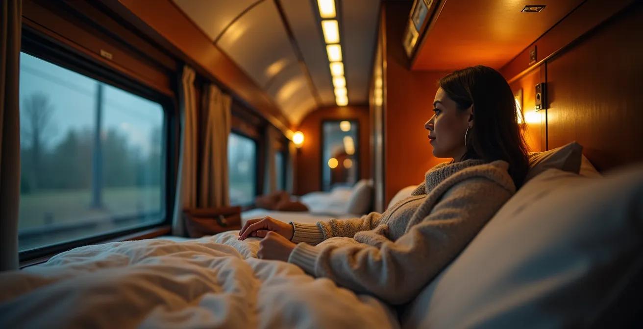 Gemütliches Nachtzugabteil mit weichem Licht und Reisegepäck