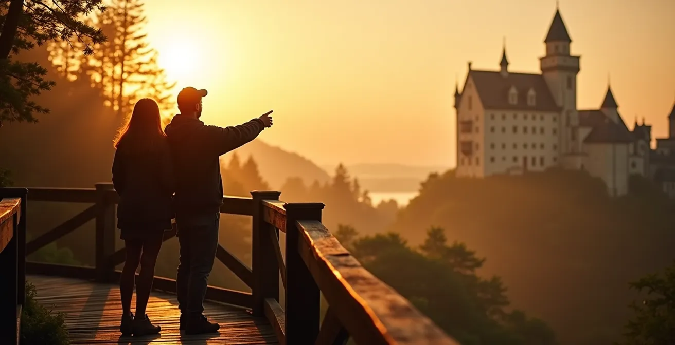 Romantischer Blick auf Schloss Neuschwanstein von der Marienbrücke bei Sonnenuntergang