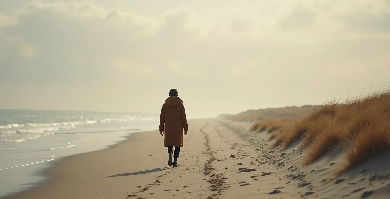 Mensch allein am weiten Nordseestrand im herbstlichen Licht