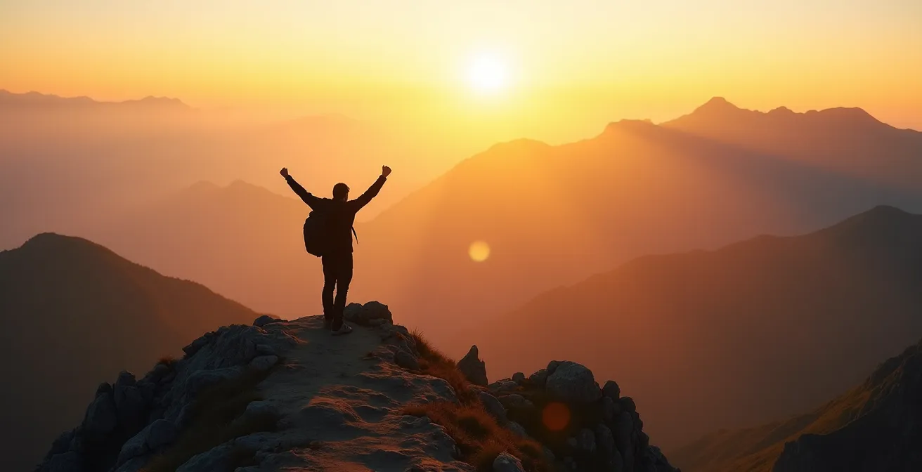 Eine Person erlebt den Sonnenaufgang auf einem Berggipfel, ein perfekter 'Peak Moment'.