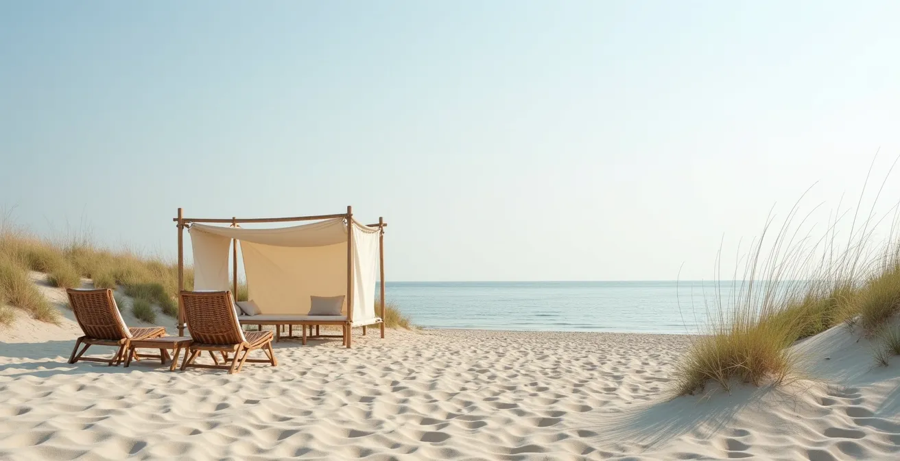 Gut organisierter Strandplatz mit Strandkorb und Windschutz an der Ostsee