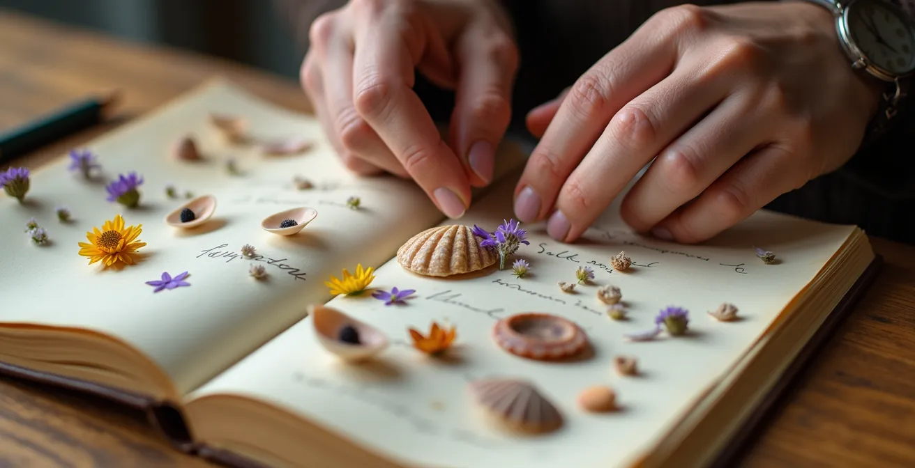 Nahaufnahme von Händen, die ein Reisetagebuch mit kleinen Erinnerungsstücken gestalten.
