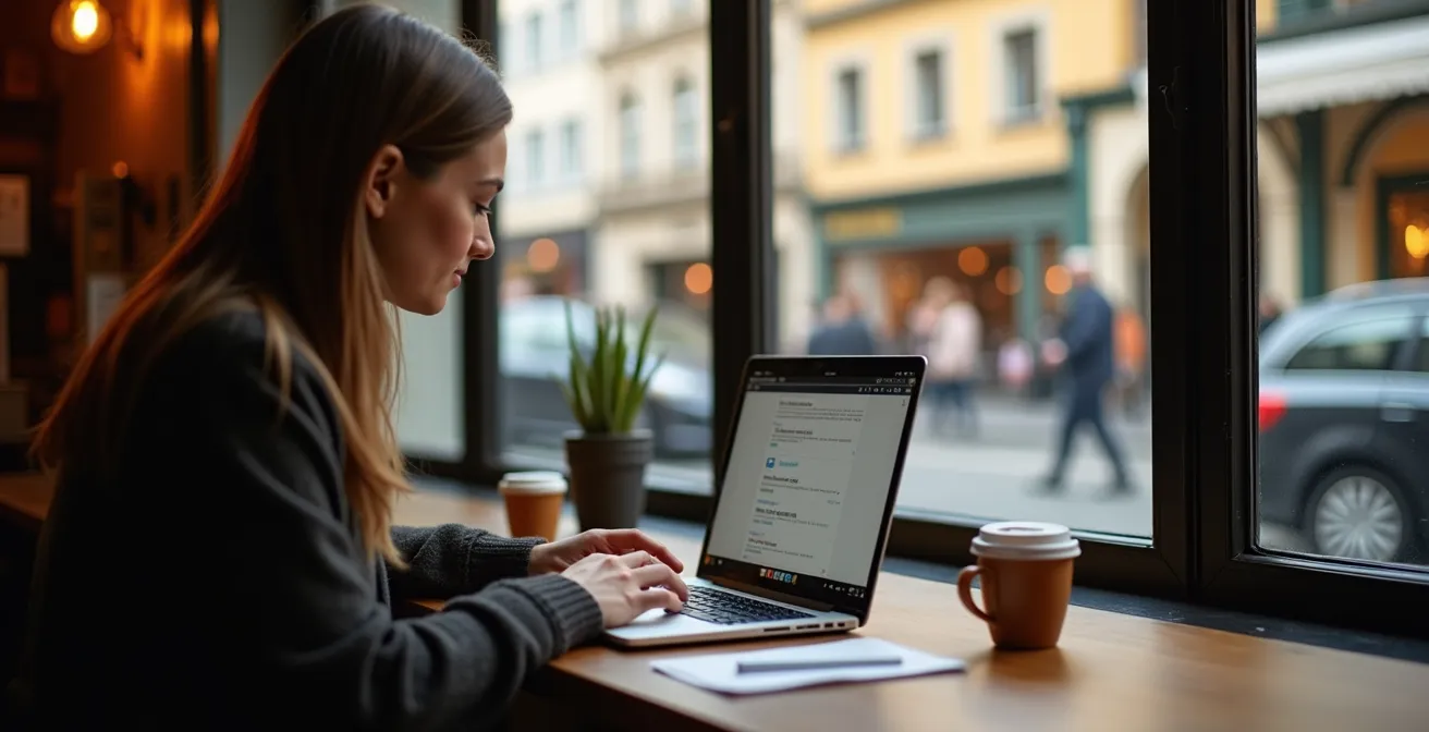 Person arbeitet mit Laptop in einem gemütlichen Café mit lokalem Flair und blickt aus dem Fenster.