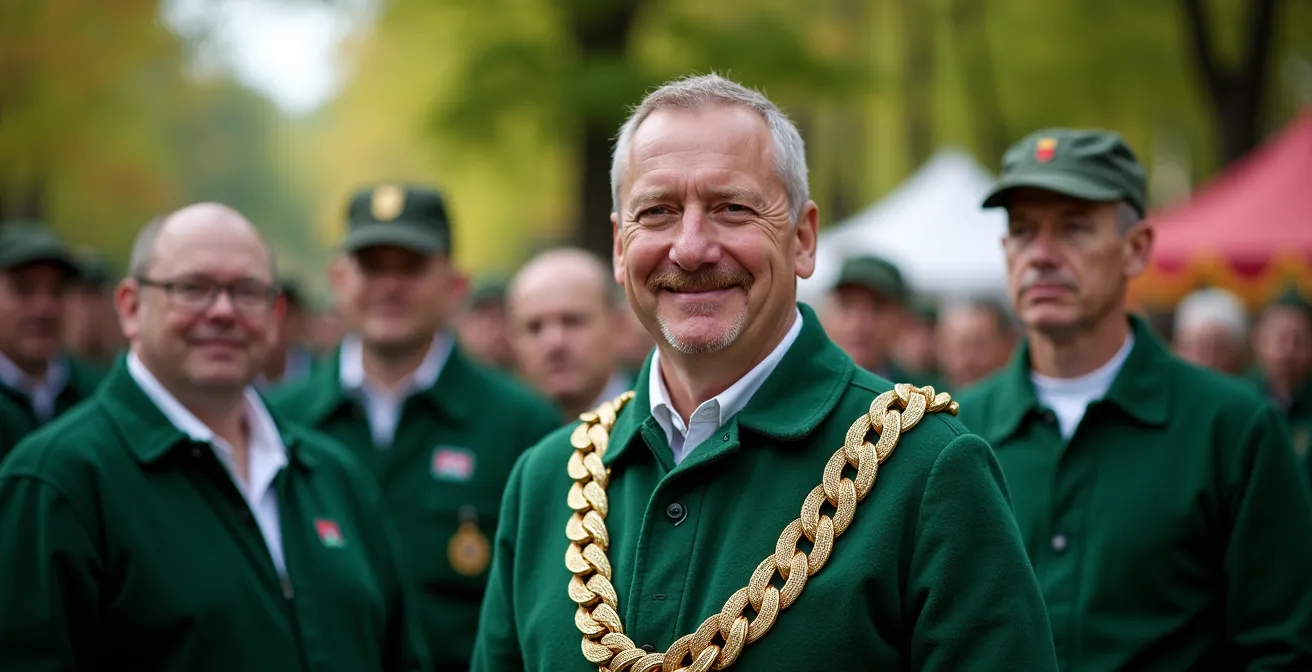 Schützenkönig mit traditioneller Königskette bei der Proklamation umgeben von Vereinsmitgliedern