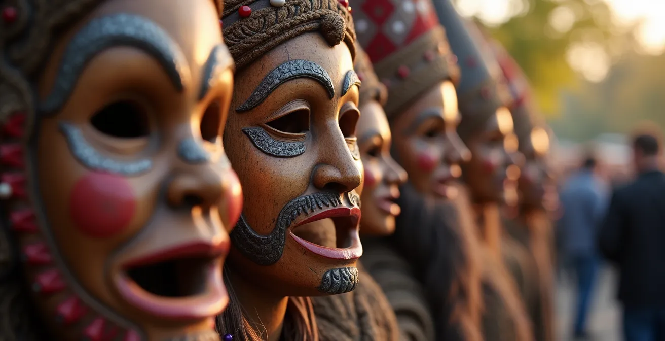 Nahaufnahme traditioneller handgeschnitzter Fasnet-Masken mit Besuchern im Hintergrund