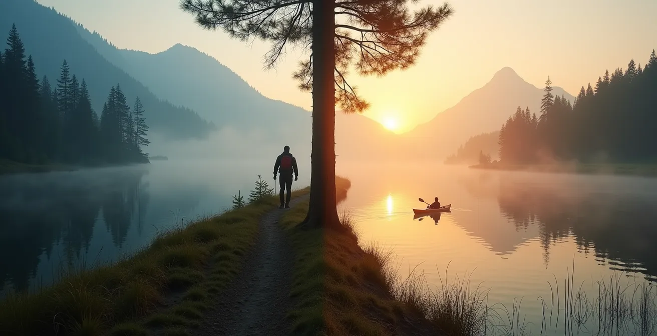 Geteilte Komposition zeigt links Schwarzwald-Bergpanorama und rechts Seenlandschaft