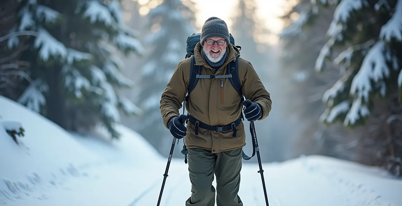 70-jähriger Wanderer mit Schneeschuhen in verschneiter Berglandschaft, der Freude und Erfüllung ausstrahlt.