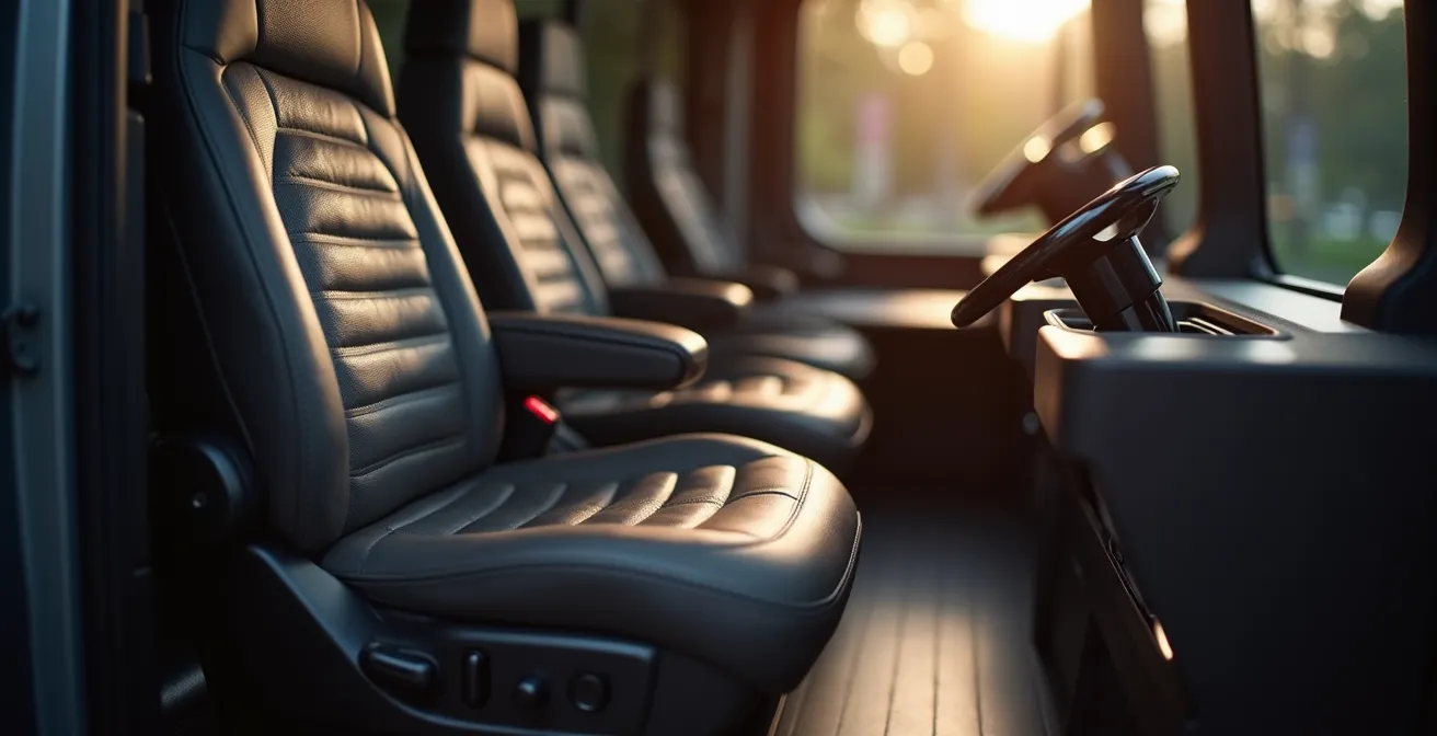 Detailaufnahme eines Premium-Shuttle-Interieurs mit sichtbaren Komfortmerkmalen